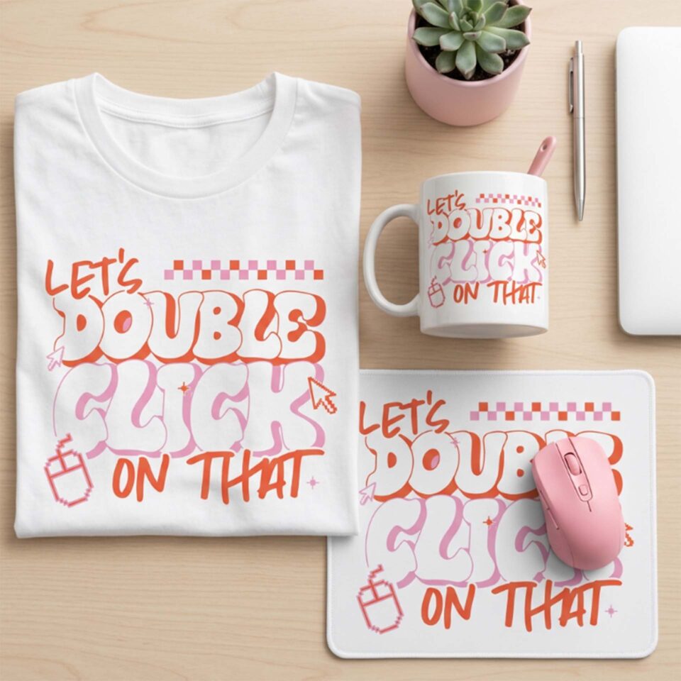 "Let's Double Click on That" corporate lingo merchandise t-shirt, mug, and mouse pad from White Ox Digital's small business marketing gift shop